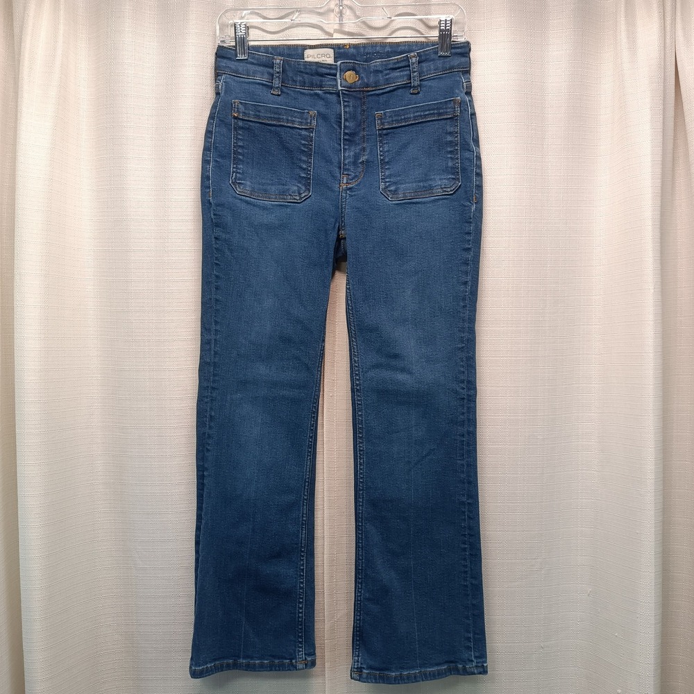 Pilcro Womens Mid Rise Patch Pocket Straight Leg Denim Jeans 27 Festival Logo